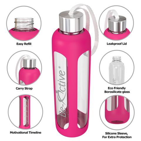 Glass Water Bottle Hot Pink 1000ml