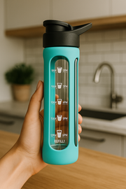 Flip Top Glass Motivational Water Bottle Aqua 700ml