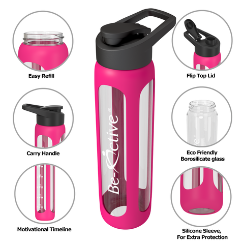 Flip Top Glass Motivational Water Bottle Hot Pink 700ml